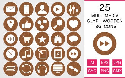 25 Multimedia Glyph Houten BG Icon Set