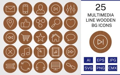25 Multimedia Line Holz BG Icon Set