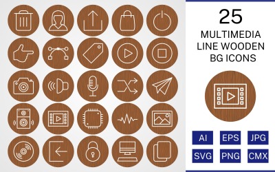 25 Multimedia Line Holz BG Icon Set