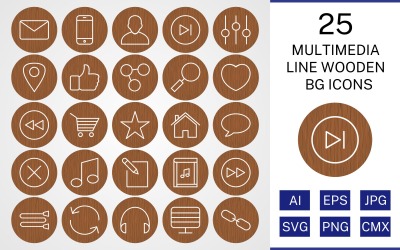 25 Multimédia vonal fából készült BG ikon készlet