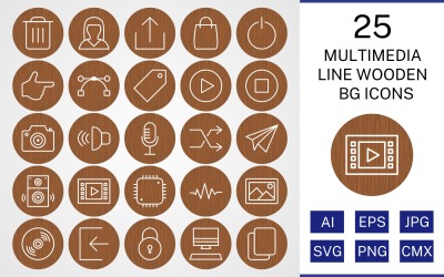 25 Multimédia vonal fából készült BG ikon készlet