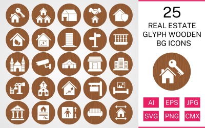 25 nemovitostí glyf dřevěné BG sada ikon