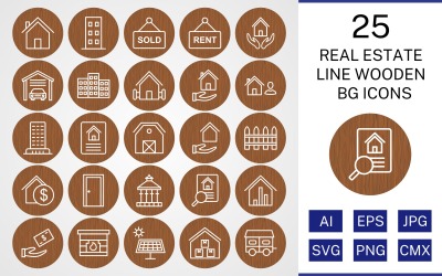 25 Real Estate Line Wooden BG Icon Set