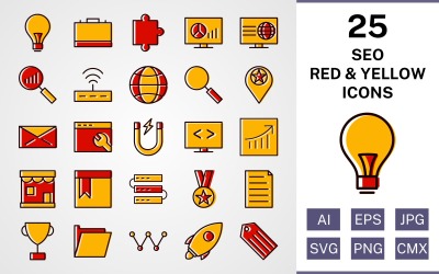 25 Seo gefülltes rotes und gelbes Icon-Set