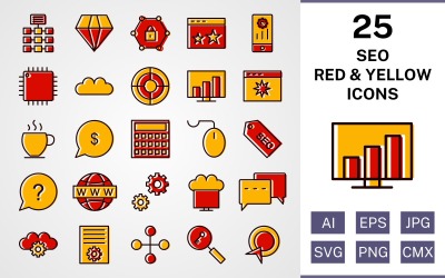 25 Seo Wypełniony czerwony i żółty zestaw ikon