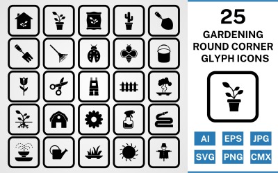 25 set di icone nere del glifo con angoli tondi da giardinaggio