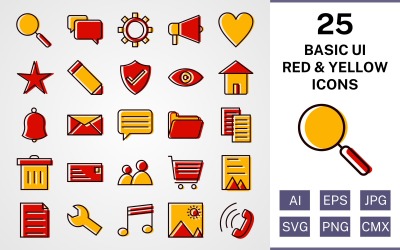 25 Set di icone rosse e gialle riempite di base dell&amp;#39;interfaccia utente