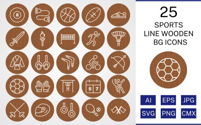 25 sport- och spellinje trä BG-ikonuppsättning