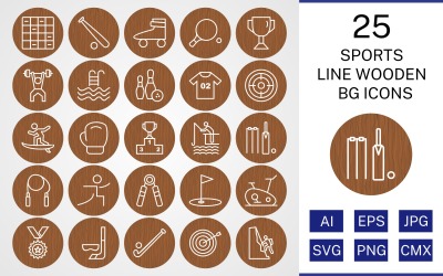25 Sports And Games Line Wooden BG Icon Set