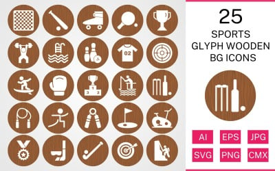 25 sportů a her Glyph Wooden BG Icon Set