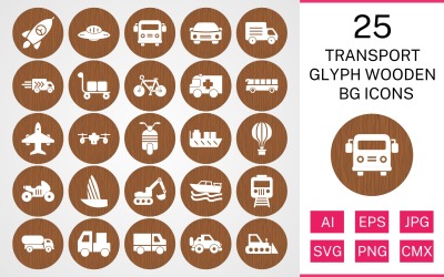 25 Transport Glyph Wooden BG Icon Set