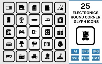 25 urządzeń elektronicznych Okrągły narożnik Zestaw ikon czarny glifów