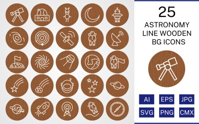 25 zestaw ikon drewniane bg astronomii linii