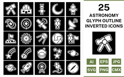 25 Astronomi Glif Anahat Ters Icon Set