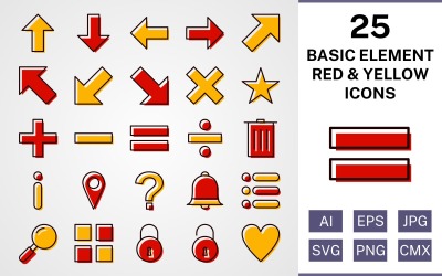 25 basiselementen gevuld rood en geel Icon Set