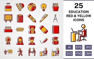 25 Bildung gefüllt rot und gelb Icon Set