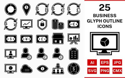 25 Business Glyph Outline Icon Set