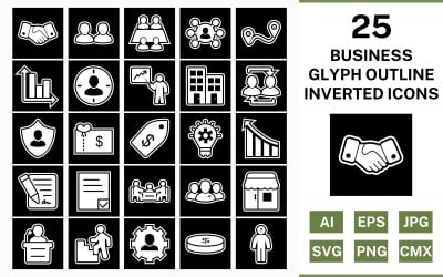 25 Business Glyph Outline Inverted Icon Set