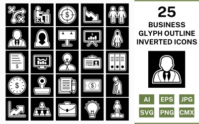 25 Business Glyph Outline Inverted Icon Set