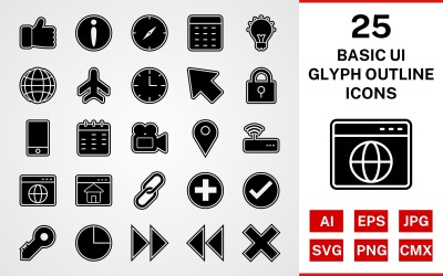 25 Conjunto básico de ícones de contorno de glifo