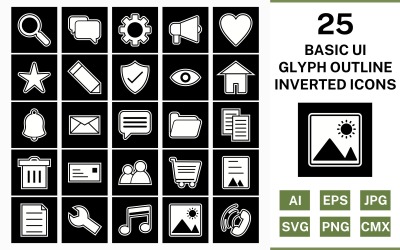 25 Conjunto básico de ícones invertidos de contorno de glifo ui