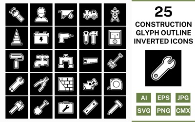 25 Conjunto de ícones invertidos de contorno de glifo de construção