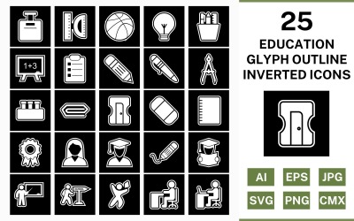 25 Conjunto de ícones invertidos de contorno de glifo educacional