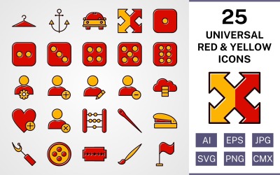 25 Conjunto de ícones universais vermelhos e amarelos preenchidos