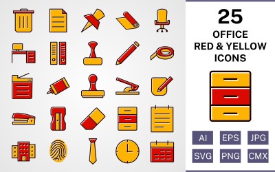 25 Conjunto de ícones vermelhos e amarelos cheios de escritório