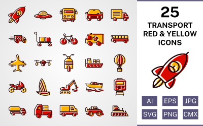 25 Conjunto de ícones vermelhos e amarelos de transporte preenchido