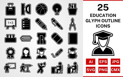 Conjunto de iconos de contorno de glifo de educación 25