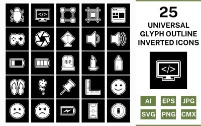 25 conjunto de iconos invertidos de contorno de glifo universal