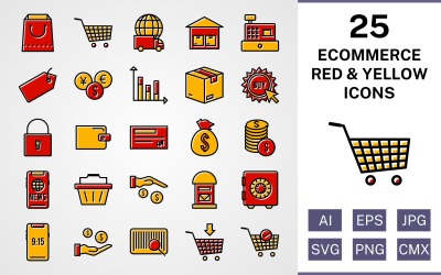 25 conjunto de iconos rojos y amarillos llenos de comercio electrónico