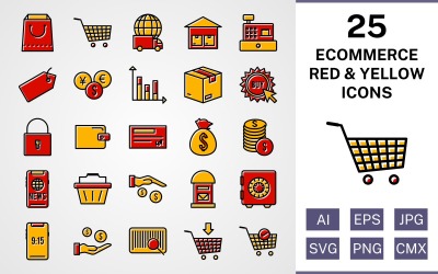 25 E-Commerce-gefülltes rotes und gelbes Icon-Set