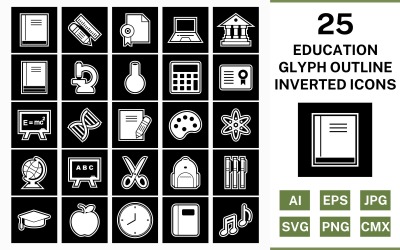 25 Education Glyph Outline Inverted Icon Set