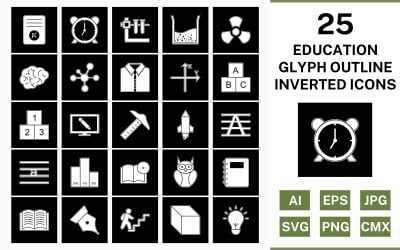25 Education Glyph Outline Inverted Icon Set