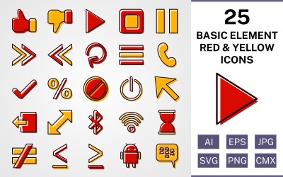 25 elementi di base riempiti set di icone rosso e giallo