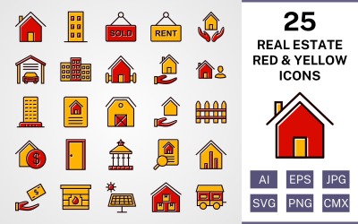 25 fastighetsfyllda röda och gula ikonuppsättningar