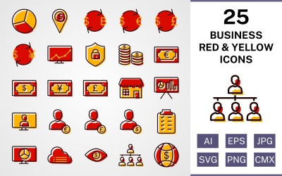 25 Geschäftsgefülltes rotes und gelbes Symbol-Set