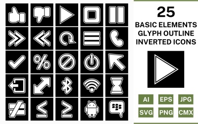 25 Grundelemente Glyph Outline Inverted Icon Set
