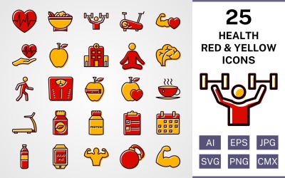 25 hälsofyllda röda och gula ikonuppsättningar