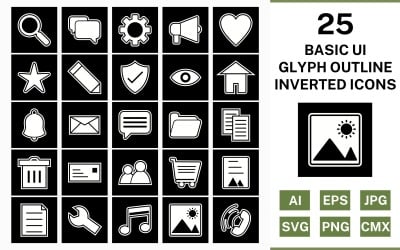 25 Jeu d&amp;#39;icônes inversé de contour de glyphe de l&amp;#39;interface utilisateur de base