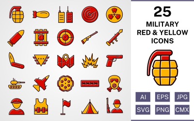 25 katonai töltésű piros és sárga ikon készlet