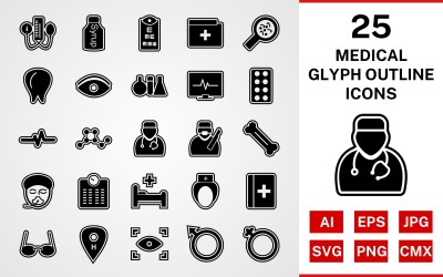 25 Medical Glyph Outline Icon Set