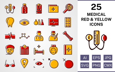 25 medicinska fyllda röda och gula ikonuppsättningar