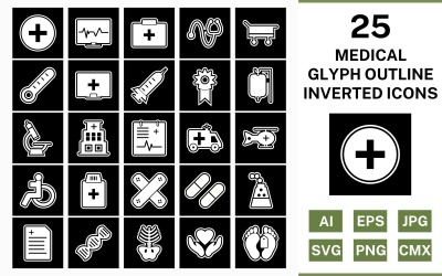 25 medische glyph-overzicht omgekeerde pictogramserie