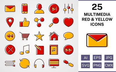 25 Multimedia fyllda röda och gula ikonuppsättningar