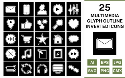 25 Multimedia Glyph Outline Omgekeerde Icon Set
