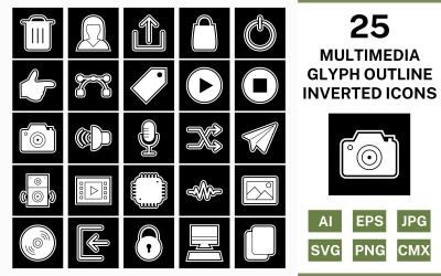 25 Multimedia Glyph Outline Omgekeerde Icon Set