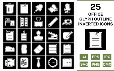 25 Office Glyph Outline Invertiertes Icon-Set
